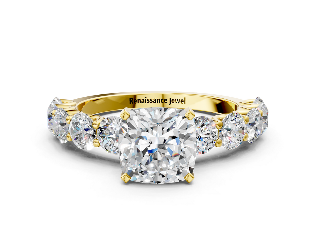 Yellow gold Cushion Diamond Prong Setting with Side Stones on a Pave Band_120