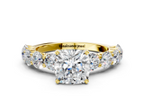 Yellow gold Cushion Diamond Prong Setting with Side Stones on a Pave Band_120