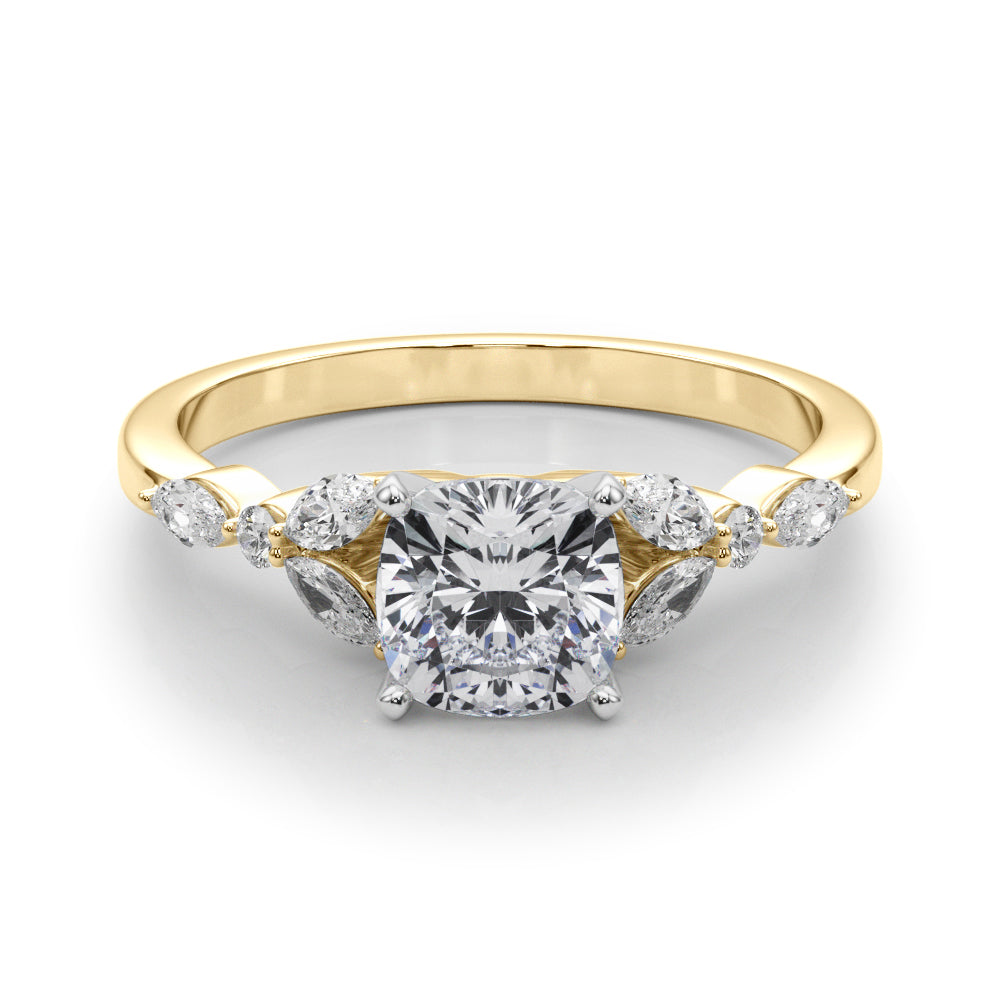 Yellow gold Cushion Diamond Solitaire with Side Stones on a White Gold Band and Four-Prong Setting 1