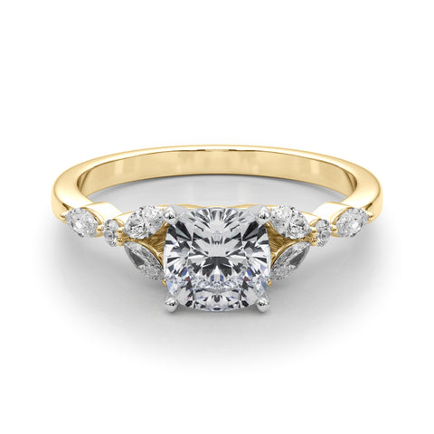 Yellow gold Cushion Diamond Solitaire with Side Stones on a White Gold Band and Four-Prong Setting 1