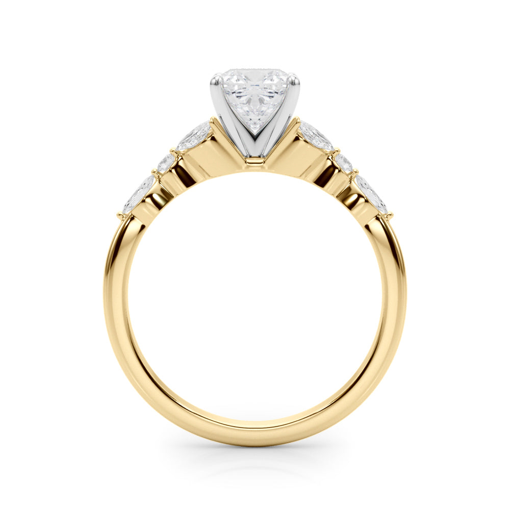 Yellow gold Cushion Diamond Solitaire with Side Stones on a White Gold Band and Four-Prong Setting 2