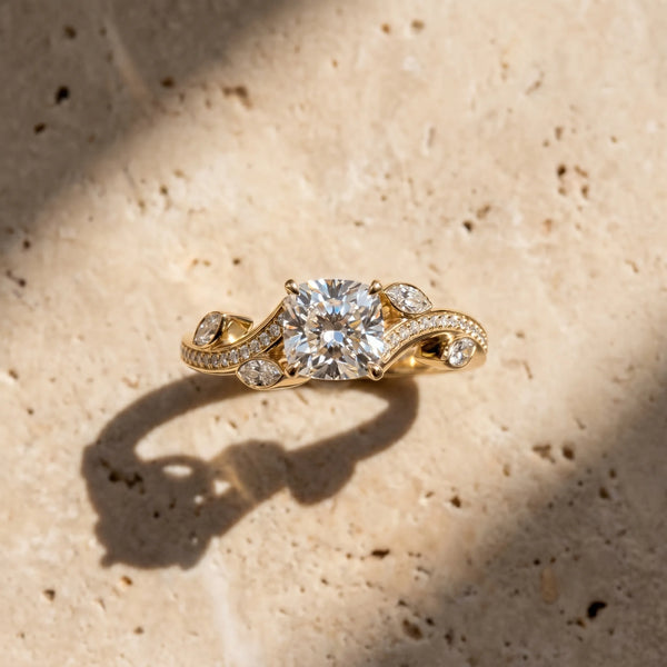 Yellow gold Cushion Diamond Swirl Band with Prong Setting