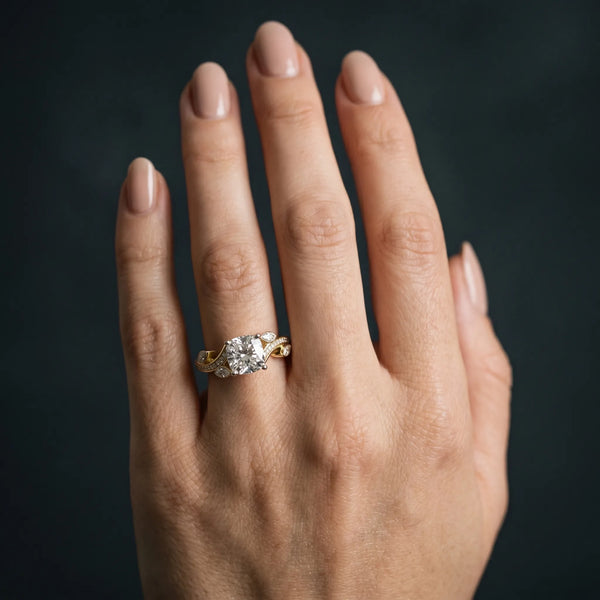 Yellow gold Cushion Diamond Swirl Band with Prong Setting