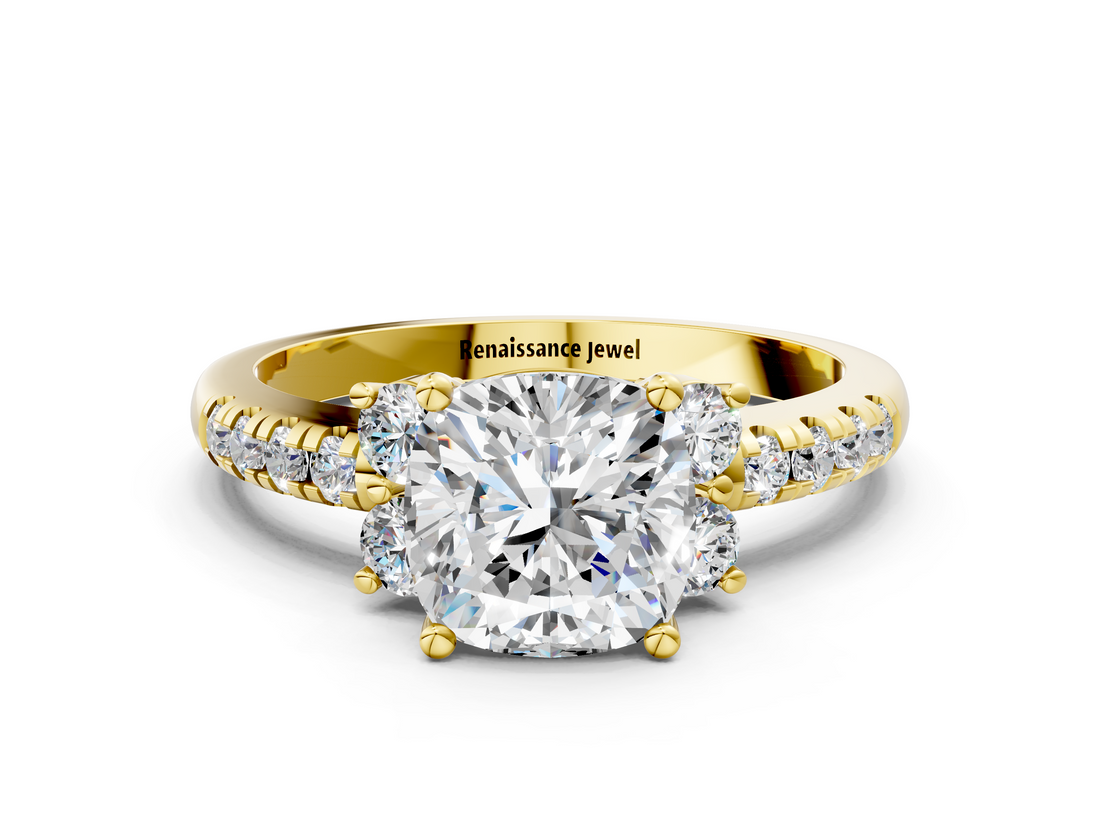 Yellow gold Cushion Diamond Three-Stone Pave Band with Four-Prong Setting_32