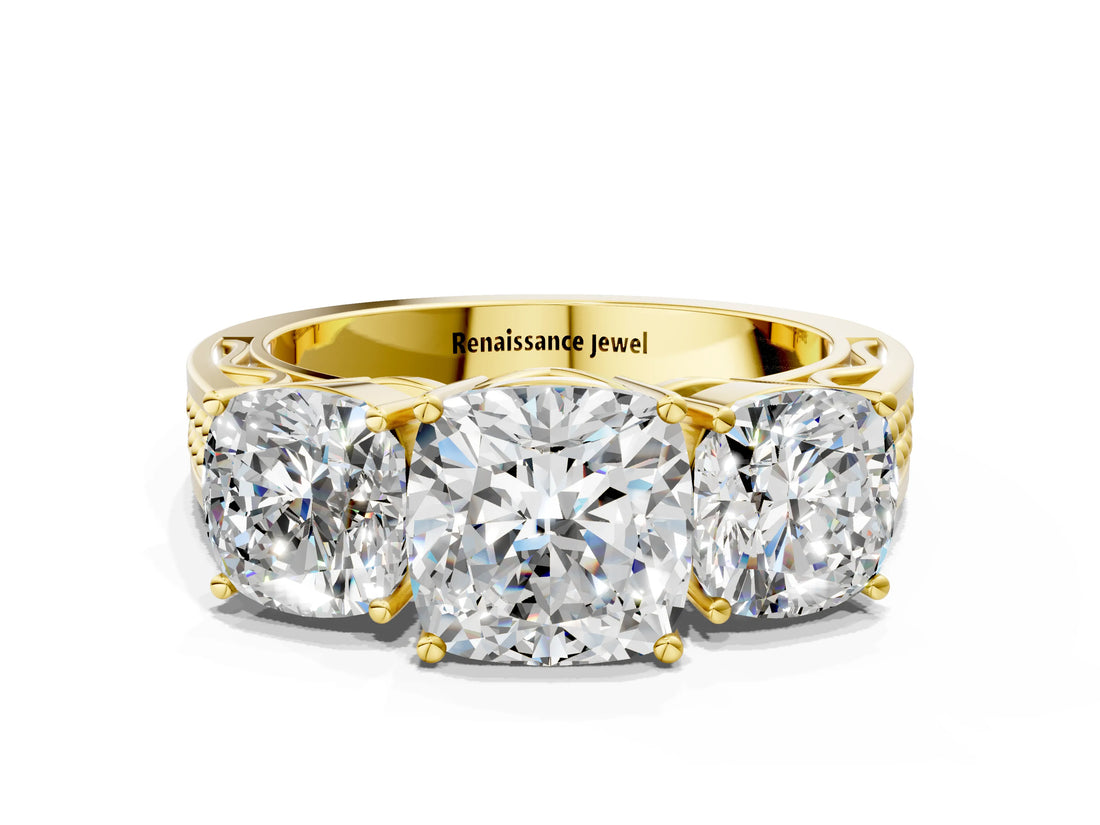 Yellow gold Cushion Diamond Three-Stone Ring with Prong Setting and Textured Band_6