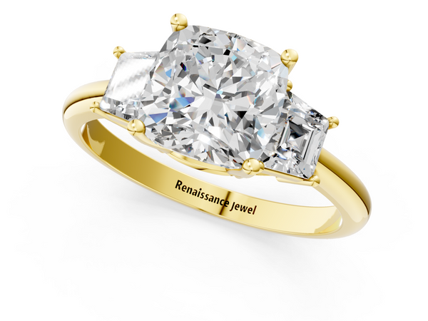 Yellow Gold Cushion Cut Three Stone Engagement Ring Setting with Trapezoid Side Stones