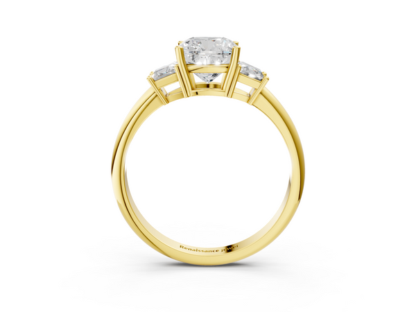 Yellow Gold Cushion Cut Three Stone Engagement Ring Setting with Trapezoid Side Stones