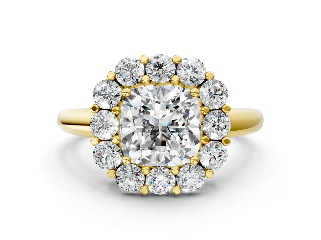 Yellow gold Cushion Halo Cluster Diamond Engagement Ring with Prong Setting and Polished Band_25