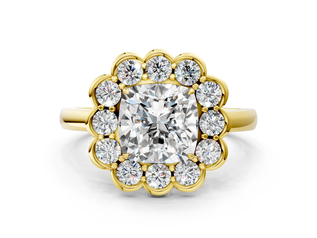 Yellow gold Cushion Halo Cluster Diamond Engagement Ring with Solitaire Band and Prong Setting_49