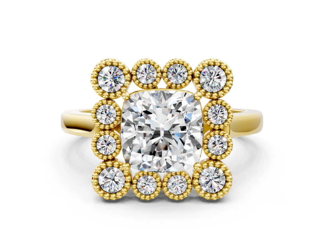Yellow gold Cushion Halo Diamond Cluster Engagement Ring with Milgrain Bezel Setting and Solitaire Band_105