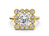 Yellow gold Cushion Halo Diamond Cluster Engagement Ring with Milgrain Bezel Setting and Solitaire Band_105