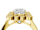 Yellow gold Cushion Halo Diamond Cluster Engagement Ring with Milgrain Bezel Setting and Solitaire Band_109