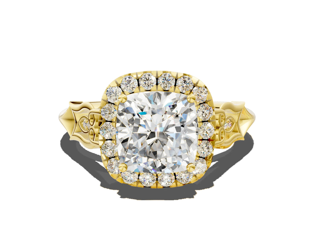 Yellow gold Cushion Halo Diamond Engagement Ring with Filigree Band and Four-Prong Setting_81