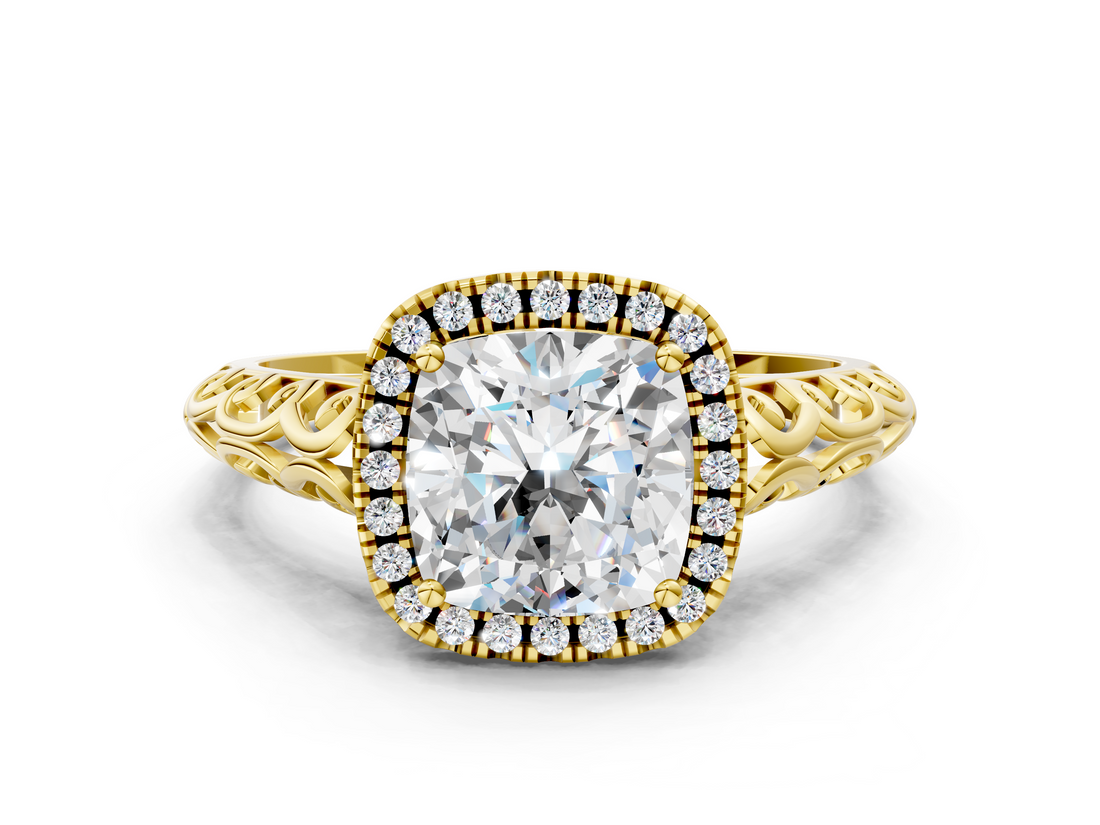 Yellow gold Cushion Halo Diamond Engagement Ring with Intricate Filigree Band and Four-Prong Setting_37