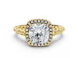 Yellow gold Cushion Halo Diamond Engagement Ring with Intricate Filigree Band and Four-Prong Setting_37