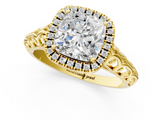 Yellow gold Cushion Halo Diamond Engagement Ring with Intricate Filigree Band and Four-Prong Setting_38