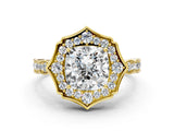 Yellow gold Cushion Halo Diamond Engagement Ring with Milgrain Band and Four-Prong Setting_37