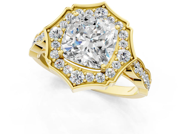 Yellow gold Cushion Halo Diamond Engagement Ring with Milgrain Band and Four-Prong Setting