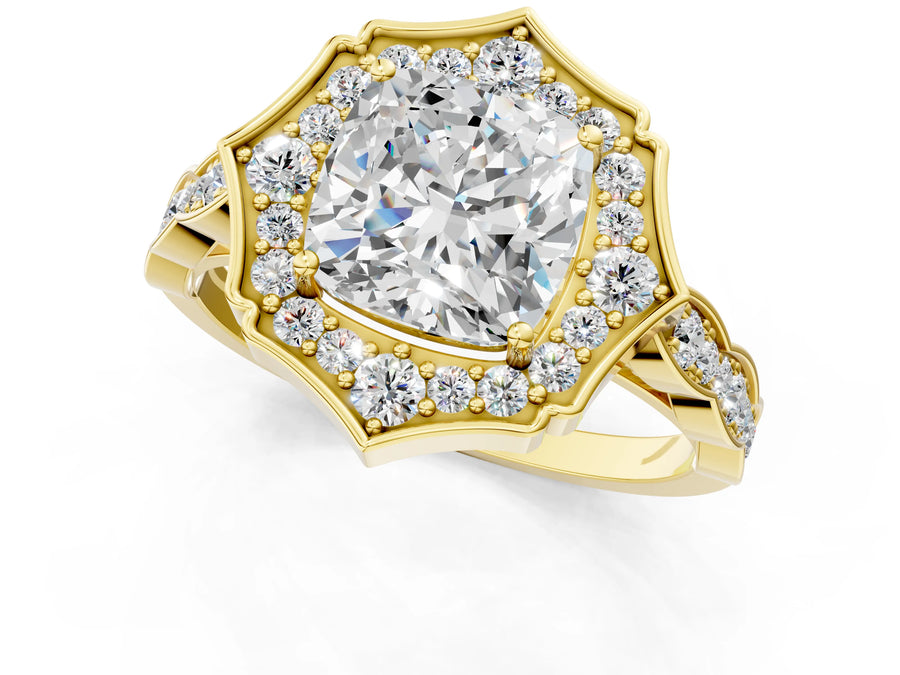 Yellow gold Cushion Halo Diamond Engagement Ring with Milgrain Band and Four-Prong Setting