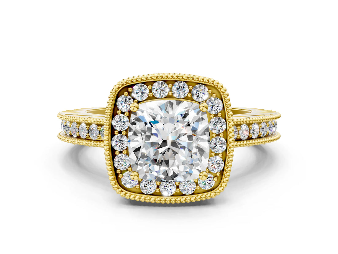 Yellow gold Cushion Halo Diamond Engagement Ring with Milgrain Pave Band and Four-Prong Setting_12