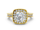 Yellow gold Cushion Halo Diamond Engagement Ring with Milgrain Pave Band and Four-Prong Setting_12