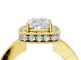 Yellow gold Cushion Halo Diamond Engagement Ring with Milgrain Pave Band and Four-Prong Setting_16