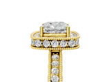 Yellow gold Cushion Halo Diamond Engagement Ring with Milgrain Pave Band and Four-Prong Setting_17