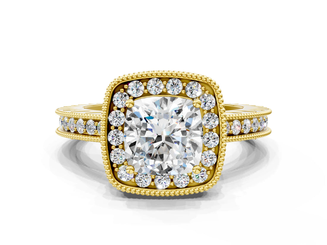 Yellow gold Cushion Halo Diamond Engagement Ring with Milgrain Pave Band and Four-Prong Setting_93