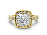 Yellow gold Cushion Halo Diamond Engagement Ring with Milgrain Pave Band and Four-Prong Setting_93