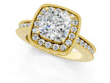 Yellow gold Cushion Halo Diamond Engagement Ring with Milgrain Pave Band and Four-Prong Setting_94