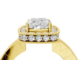 Yellow gold Cushion Halo Diamond Engagement Ring with Milgrain Pave Band and Four-Prong Setting_97