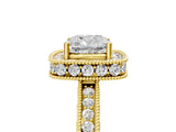 Yellow gold Cushion Halo Diamond Engagement Ring with Milgrain Pave Band and Four-Prong Setting_98