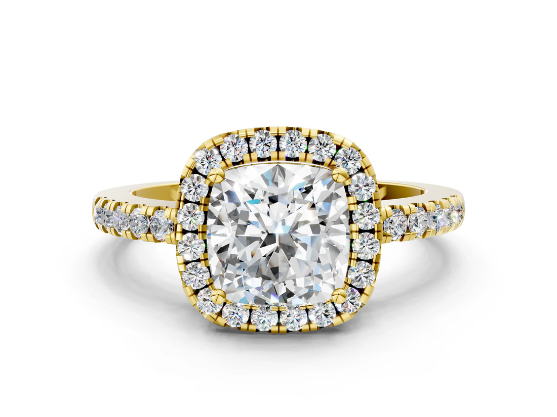Yellow gold Cushion Halo Diamond Engagement Ring with Pavé Band and Four-Prong Setting_39