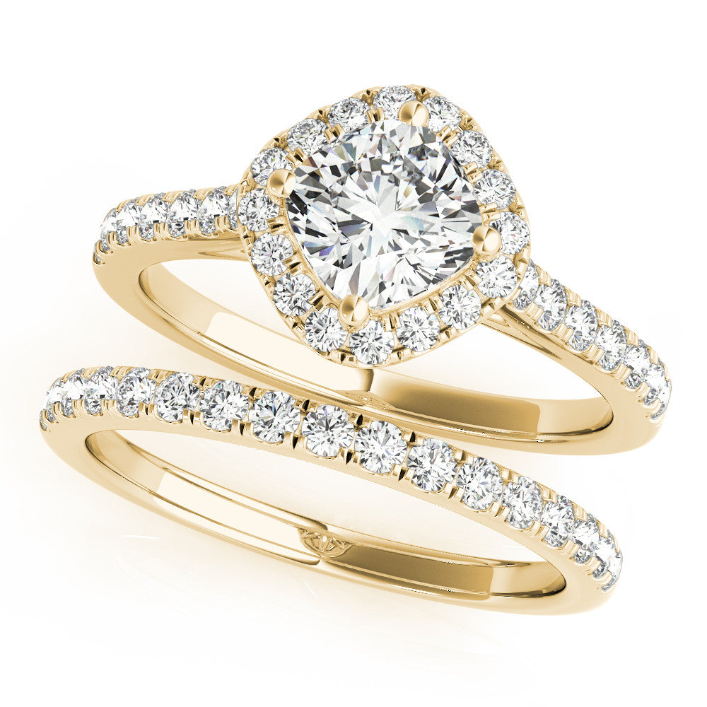 Yellow gold Cushion Halo Diamond Engagement Ring with Pave Band and Four-Prong Setting 1