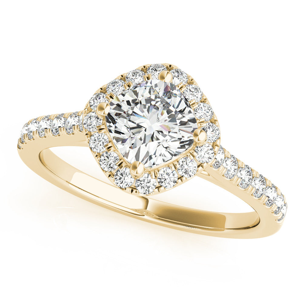 Yellow gold Cushion Halo Diamond Engagement Ring with Pave Band and Four-Prong Setting