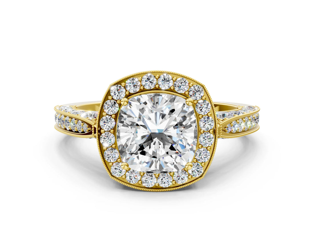 Yellow gold Cushion Halo Diamond Engagement Ring with Split Shank Band and Four-Prong Setting_6