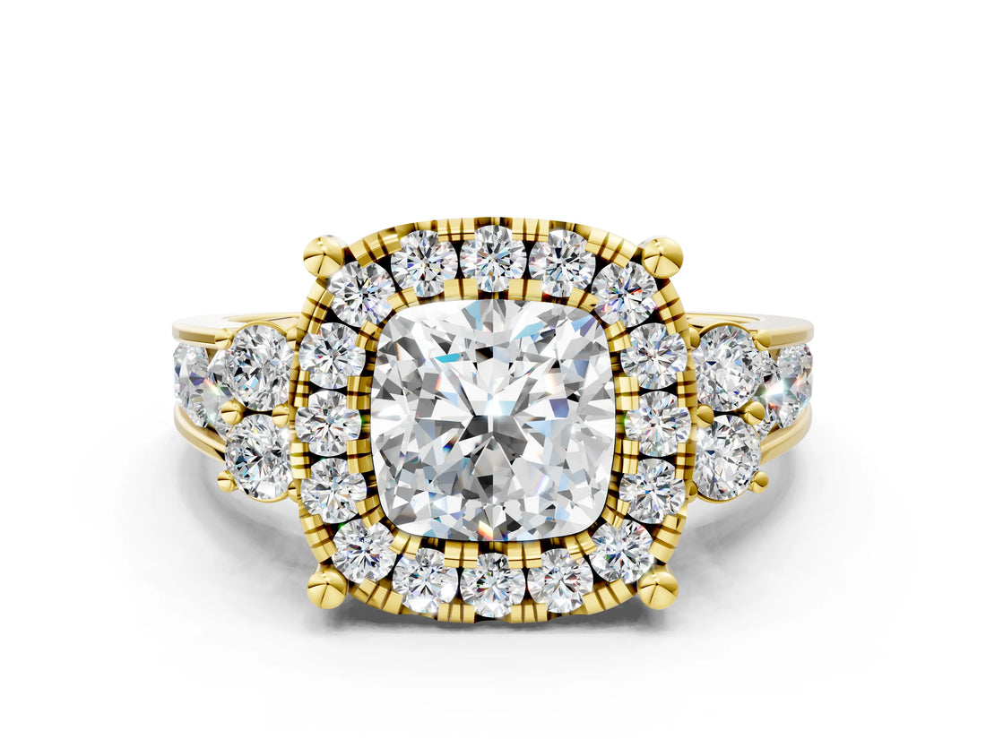 Yellow gold Cushion Halo Diamond Engagement Ring with Split Shank and Four-Prong Setting