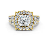 Yellow gold Cushion Halo Diamond Engagement Ring with Split Shank and Four-Prong Setting