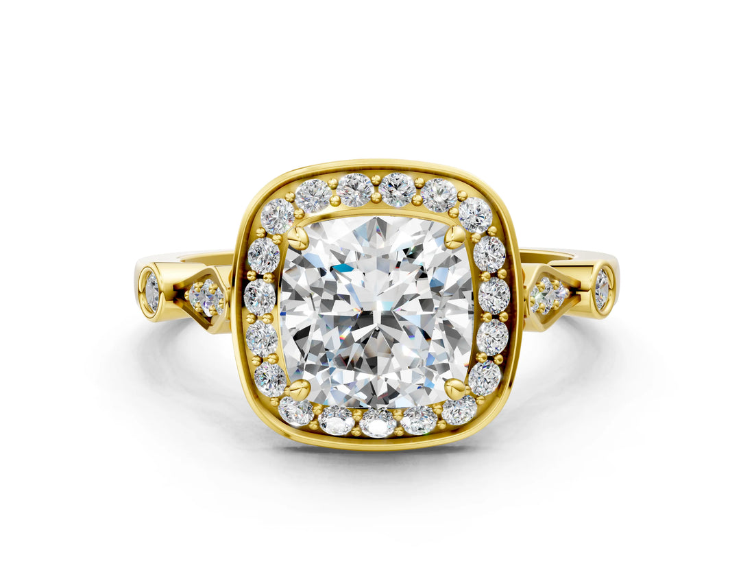 Yellow gold Cushion Halo Diamond Engagement Ring with Twisted Band and Four-Prong Setting