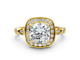 Yellow gold Cushion Halo Diamond Engagement Ring with Twisted Band and Four-Prong Setting