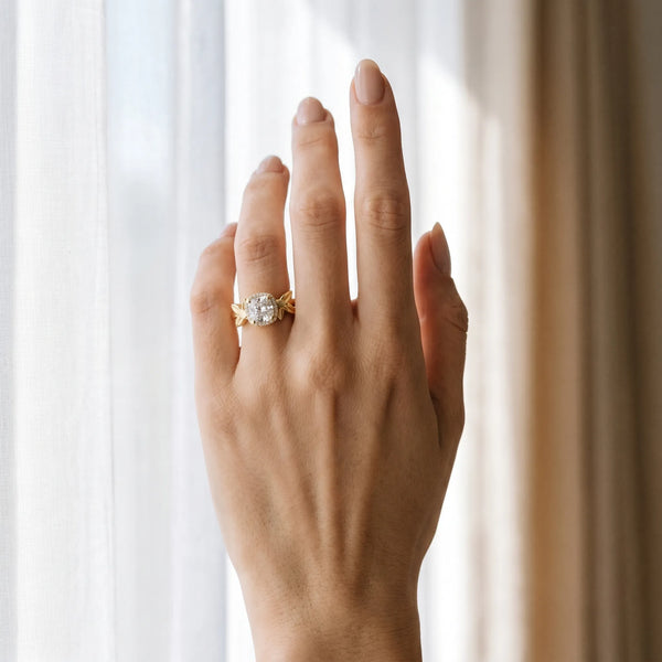 Yellow gold Cushion Halo Diamond Floral Band with Four-Prong Setting