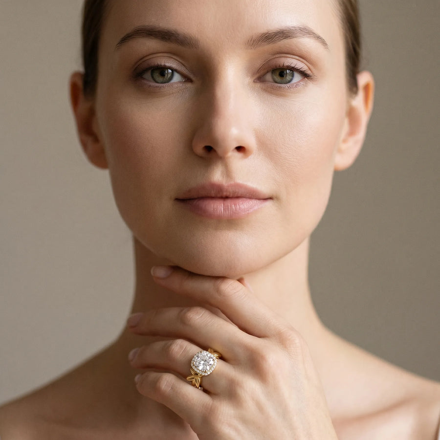 Yellow gold Cushion Halo Diamond Floral Band with Four-Prong Setting
