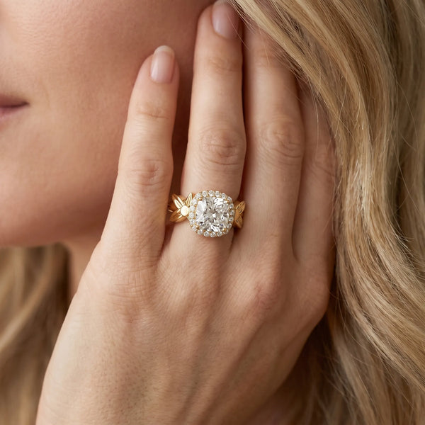 Yellow gold Cushion Halo Diamond Floral Band with Four-Prong Setting
