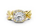Yellow gold Cushion Halo Diamond Floral Band with Four-Prong Setting_73