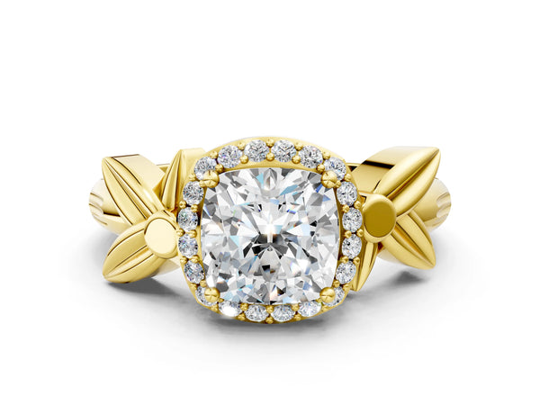 Yellow gold Cushion Halo Diamond Floral Band with Four-Prong Setting