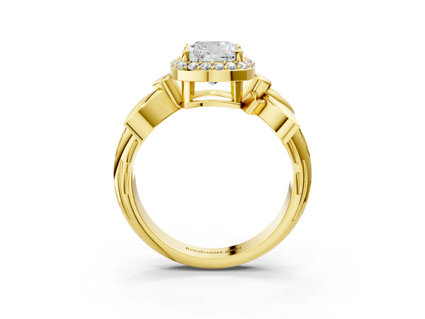 Yellow gold Cushion Halo Diamond Floral Band with Four-Prong Setting