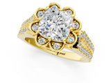 Yellow gold Cushion Halo Diamond Floral Split Shank Engagement Ring 1