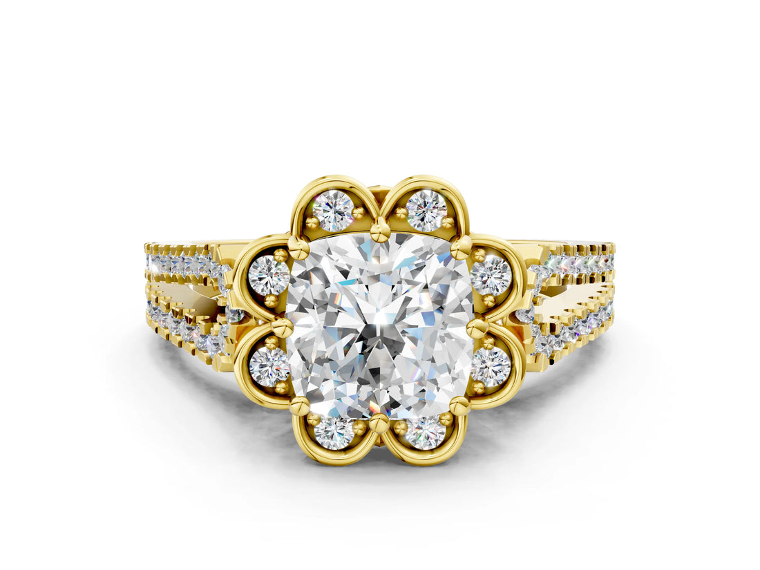 Yellow gold Cushion Halo Diamond Floral Split Shank Engagement Ring