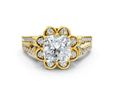 Yellow gold Cushion Halo Diamond Floral Split Shank Engagement Ring