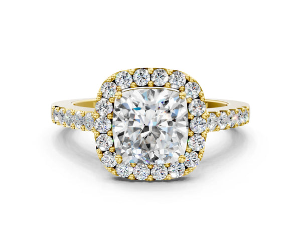 Yellow gold Cushion Halo Diamond Pavé Solitaire Ring
